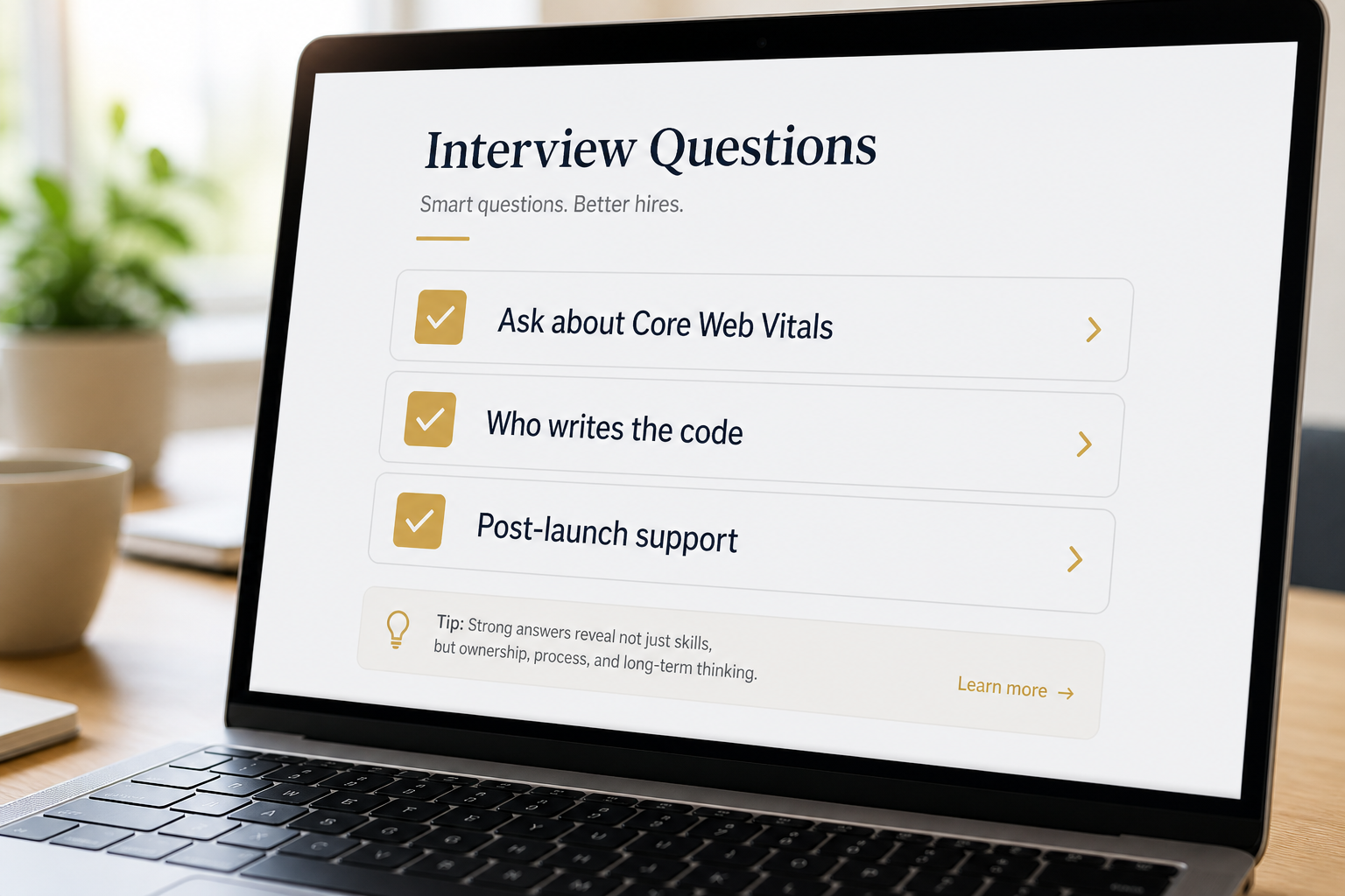 Interview checklist of WordPress developer questions including Core Web Vitals
