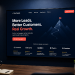 High converting landing page displayed on a large screen in a marketing room