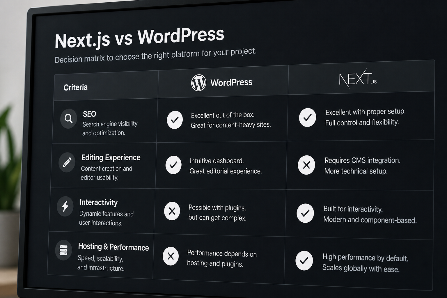 Decision matrix comparing WordPress and Next.js for SEO editing and hosting