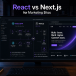 React versus Next.js for marketing sites shown as a split architecture dashboard