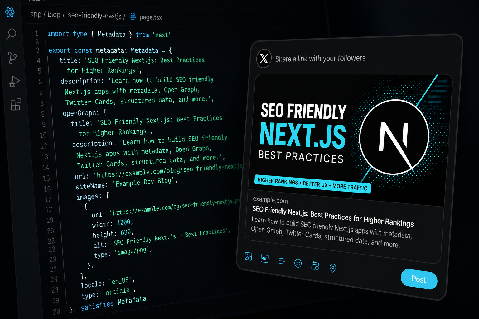 Next.js Open Graph metadata preview card for social sharing SEO