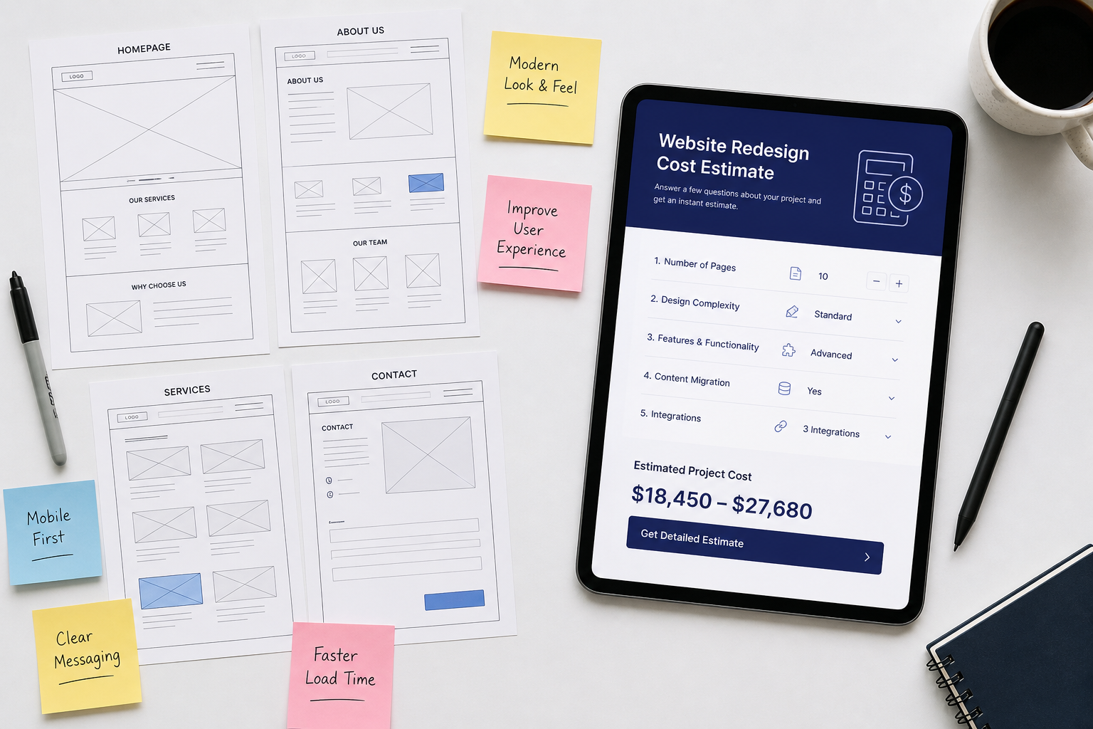 Website redesign cost estimate calculator on a tablet with wireframes