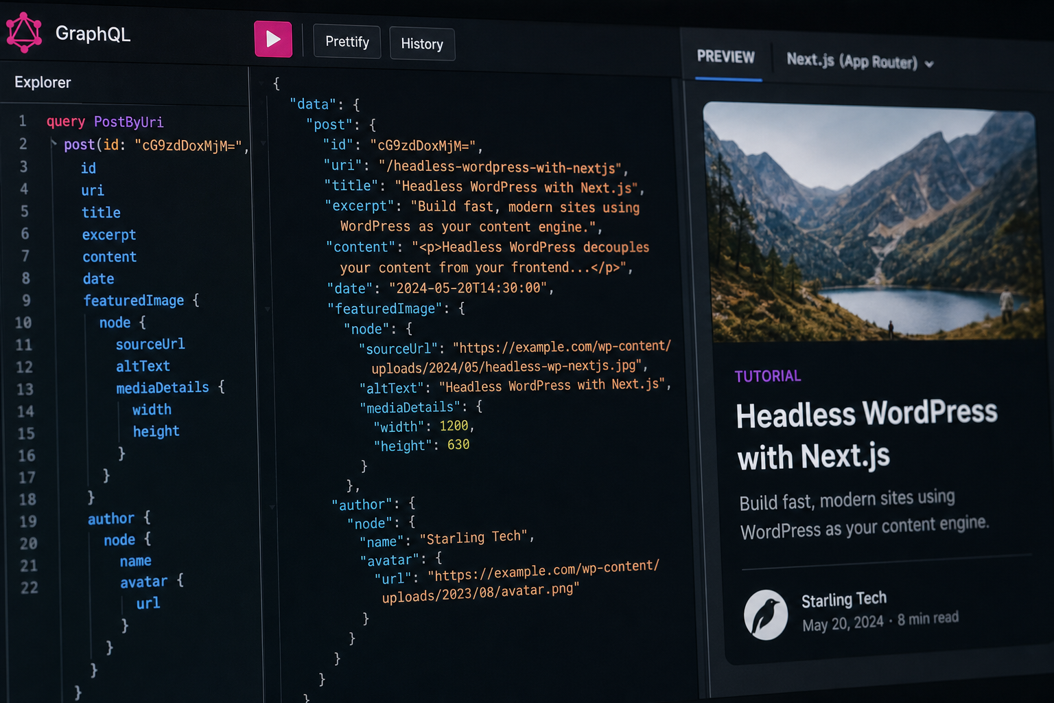 GraphQL API payload from WordPress mapped to a rendered Next.js frontend card
