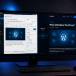 Headless WordPress architecture with WordPress CMS connected to a Next.js frontend on a studio monitor