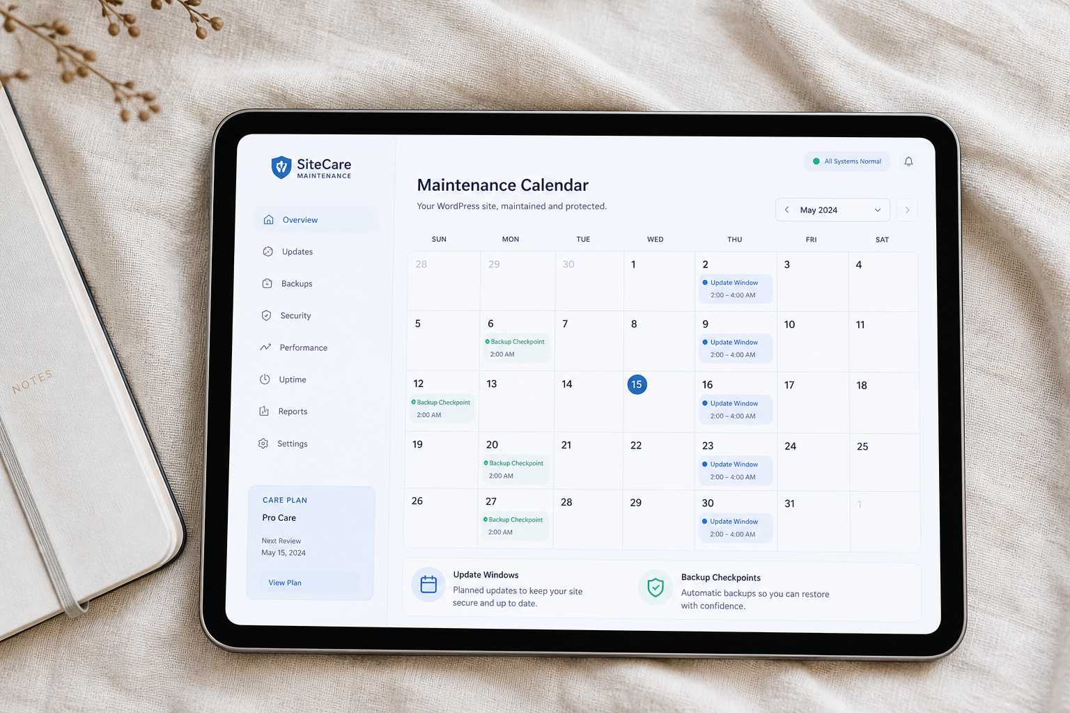 WordPress maintenance calendar with updates and backups on a tablet