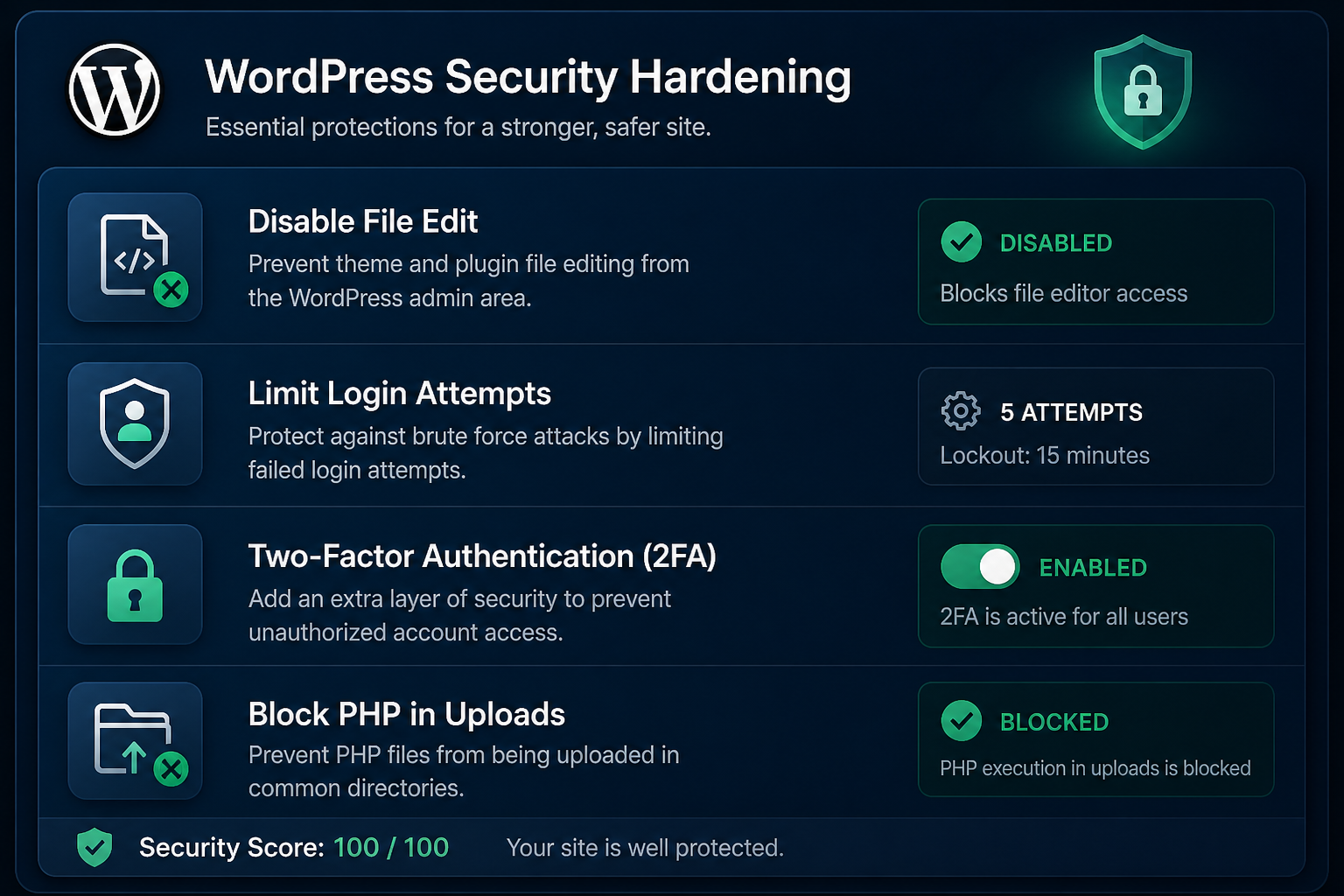 WordPress security hardening checklist including 2FA and file edit protection