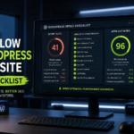 WordPress speed optimization checklist with Lighthouse before and after scores on a monitor