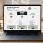 WordPress website cost breakdown for 2026 shown as pricing tiers on a laptop