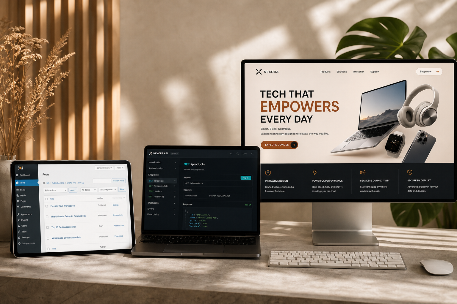 Three-device desk setup illustrating CMS API and frontend layers for headless WordPress