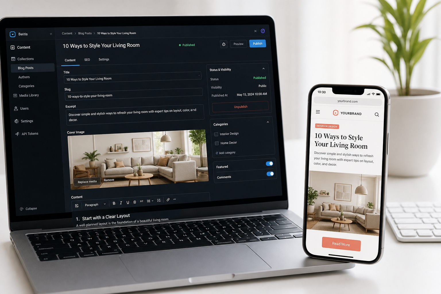 Laptop and phone showing WordPress CMS content delivered to a modern frontend card