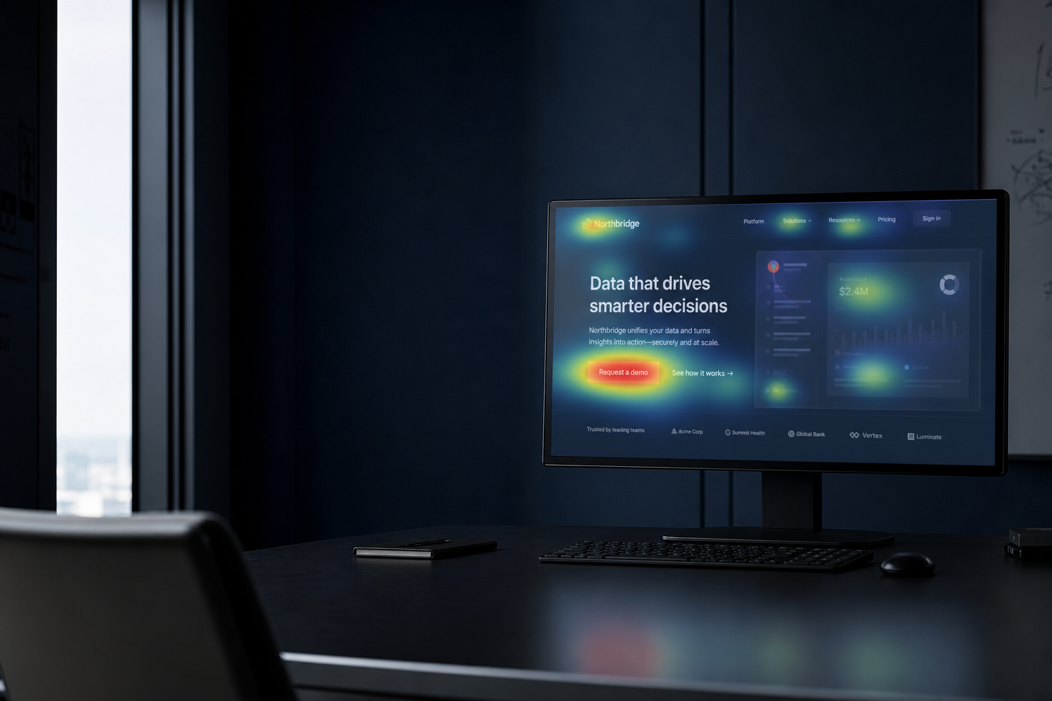 Desktop landing page with heatmap overlay highlighting the primary conversion button