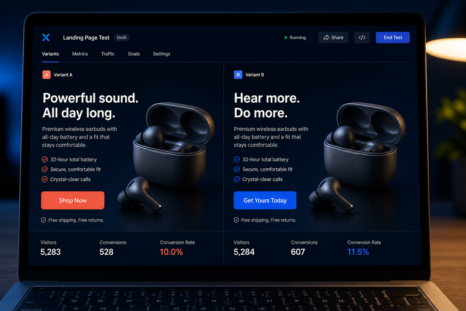 Laptop screen comparing A/B landing page above-the-fold variants