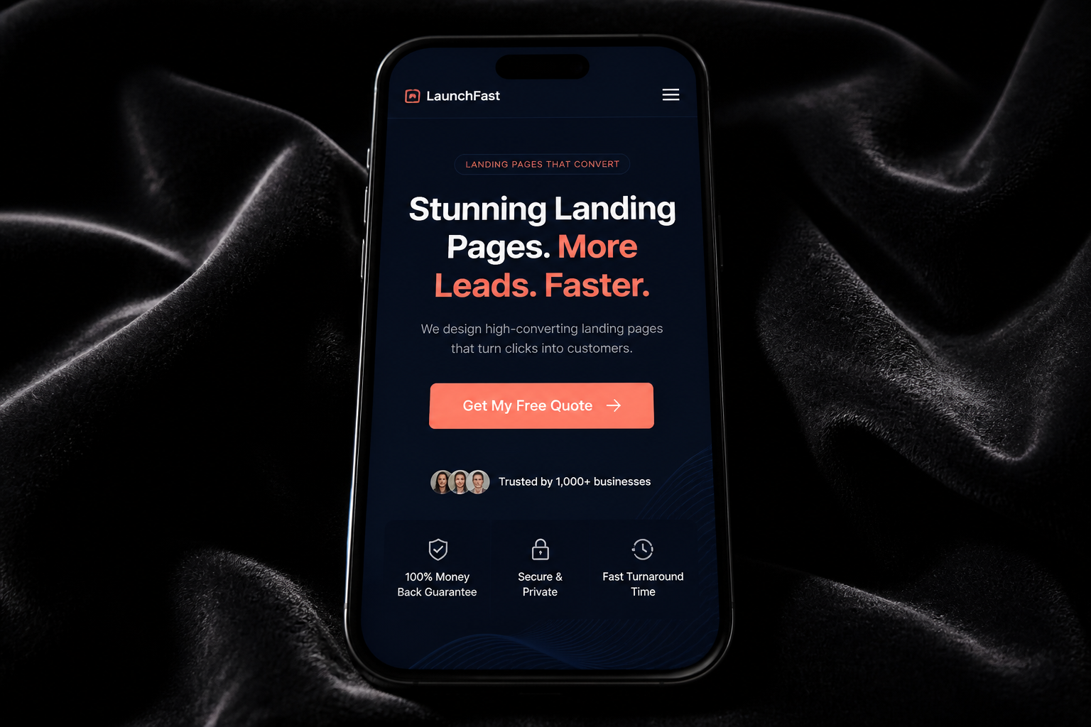 Smartphone mockup of a mobile landing page with a single clear call to action