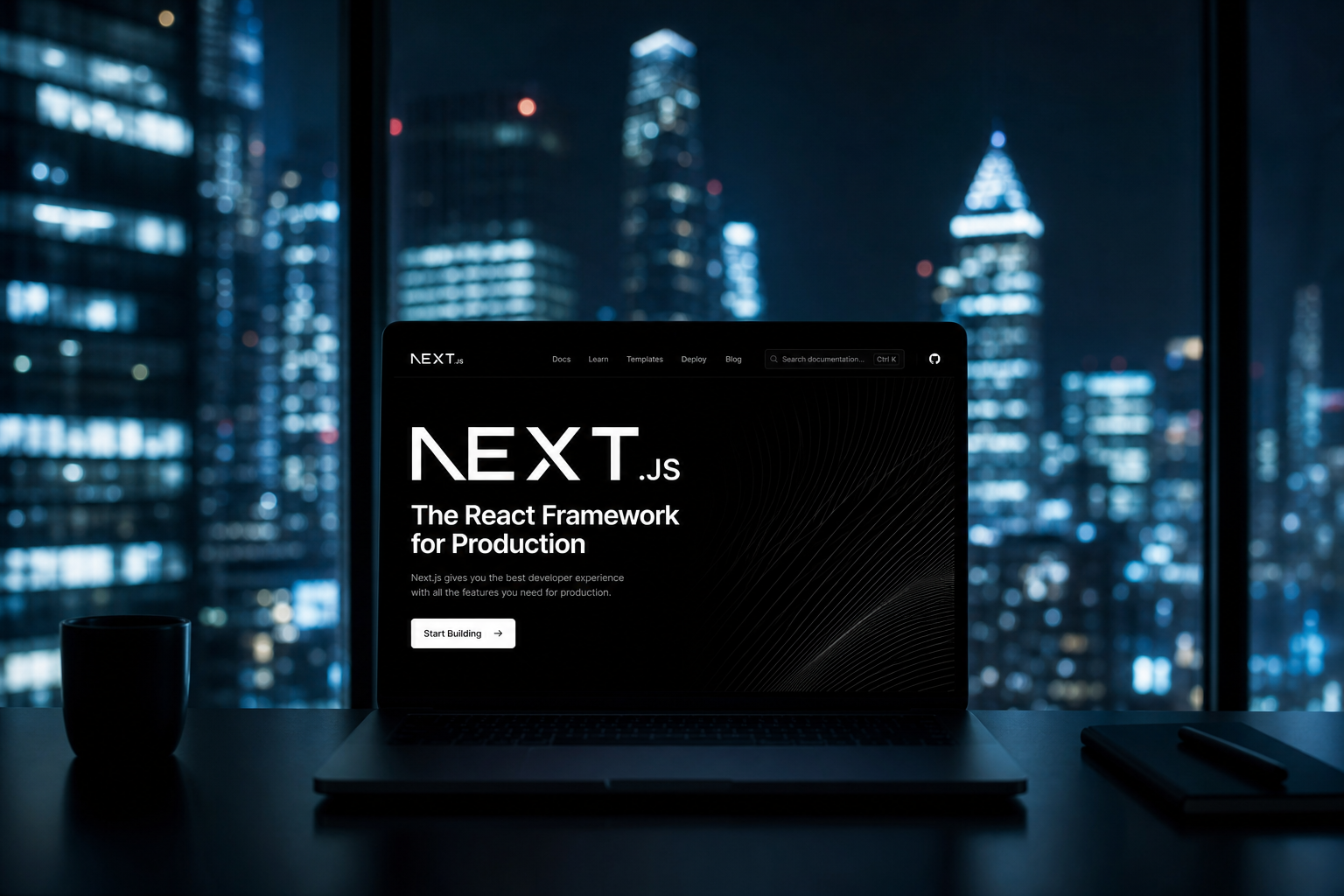 Night city office laptop displaying a fast Next.js marketing website