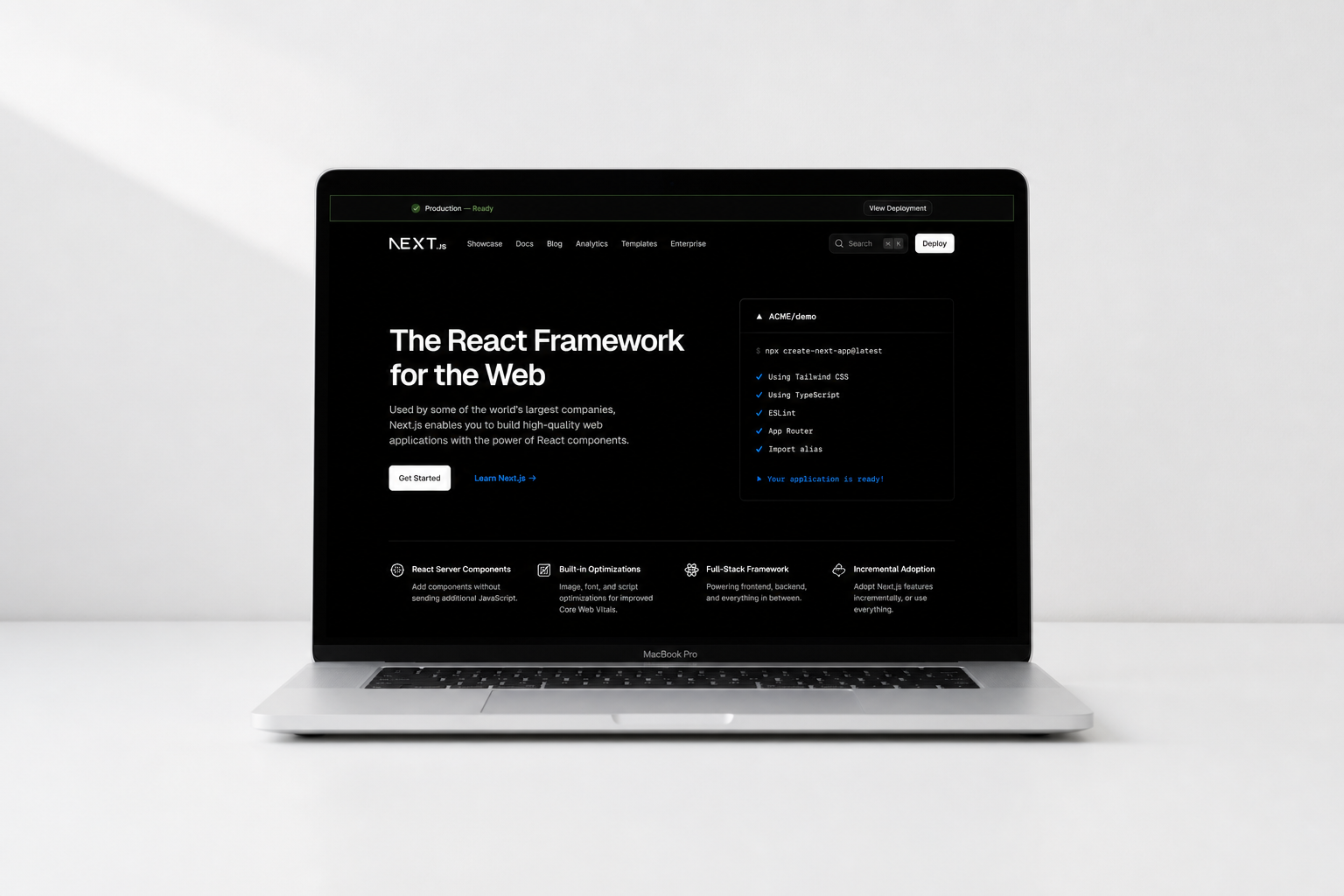 Minimal MacBook showing a Next.js marketing site with successful production deploy status