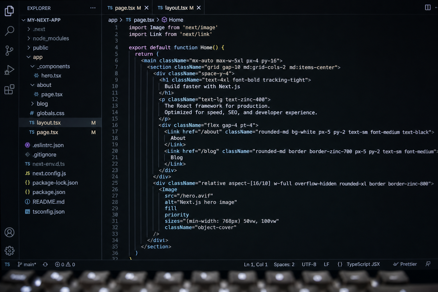 VS Code close-up of a Next.js App Router project structure and page components