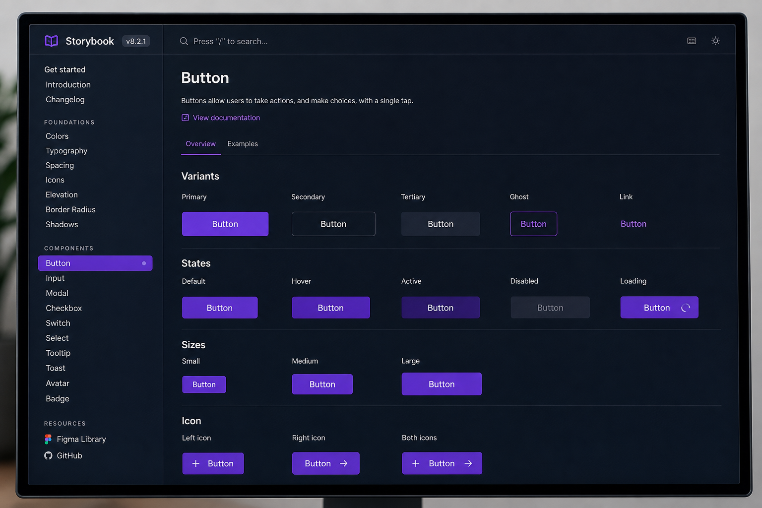 Storybook-style React component library panel with button variants