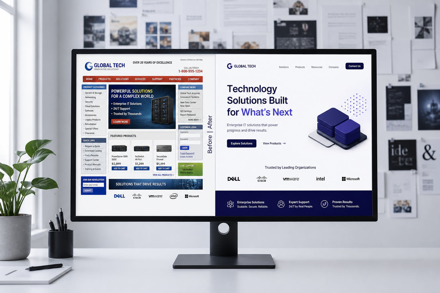 Website redesign before and after comparison on a design studio monitor