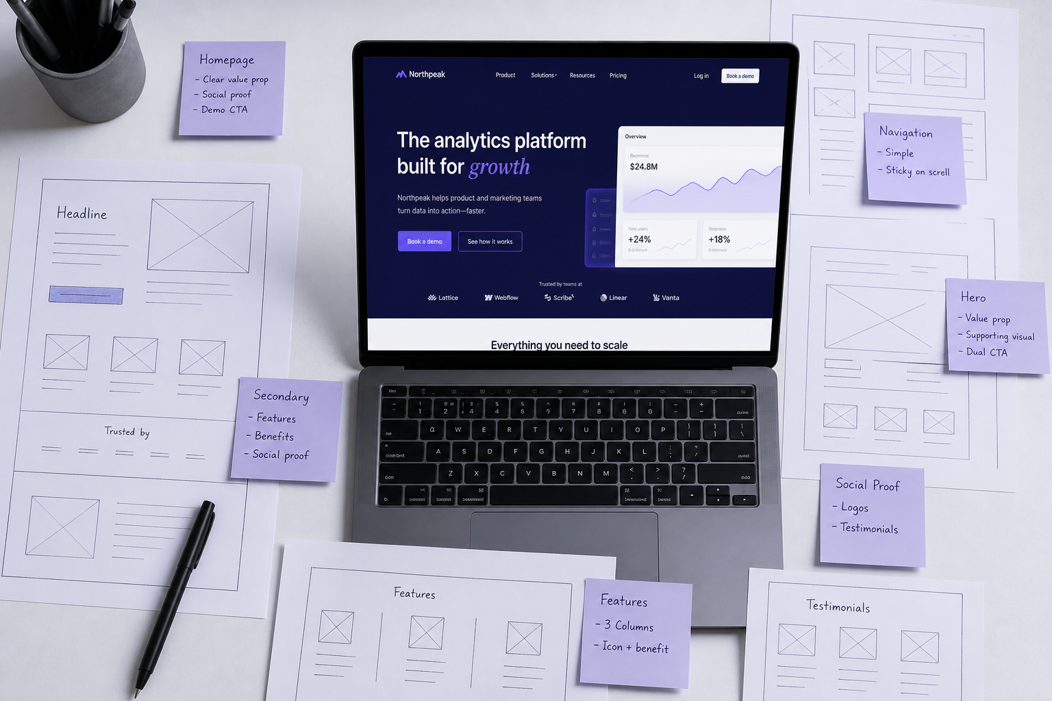 Overhead desk with wireframes and laptop showing a redesigned marketing homepage