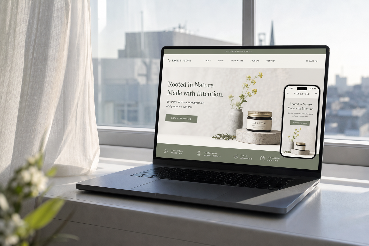 Finished custom WordPress website on a laptop in natural window light
