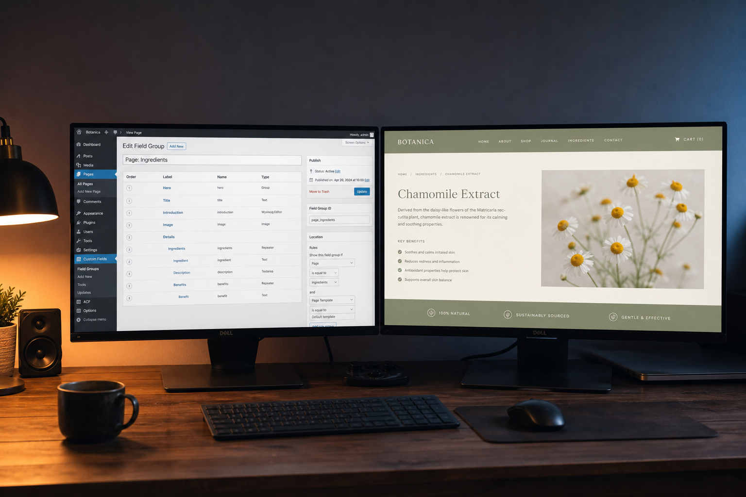 Dual monitor WordPress development setup with admin editor and custom front-end site