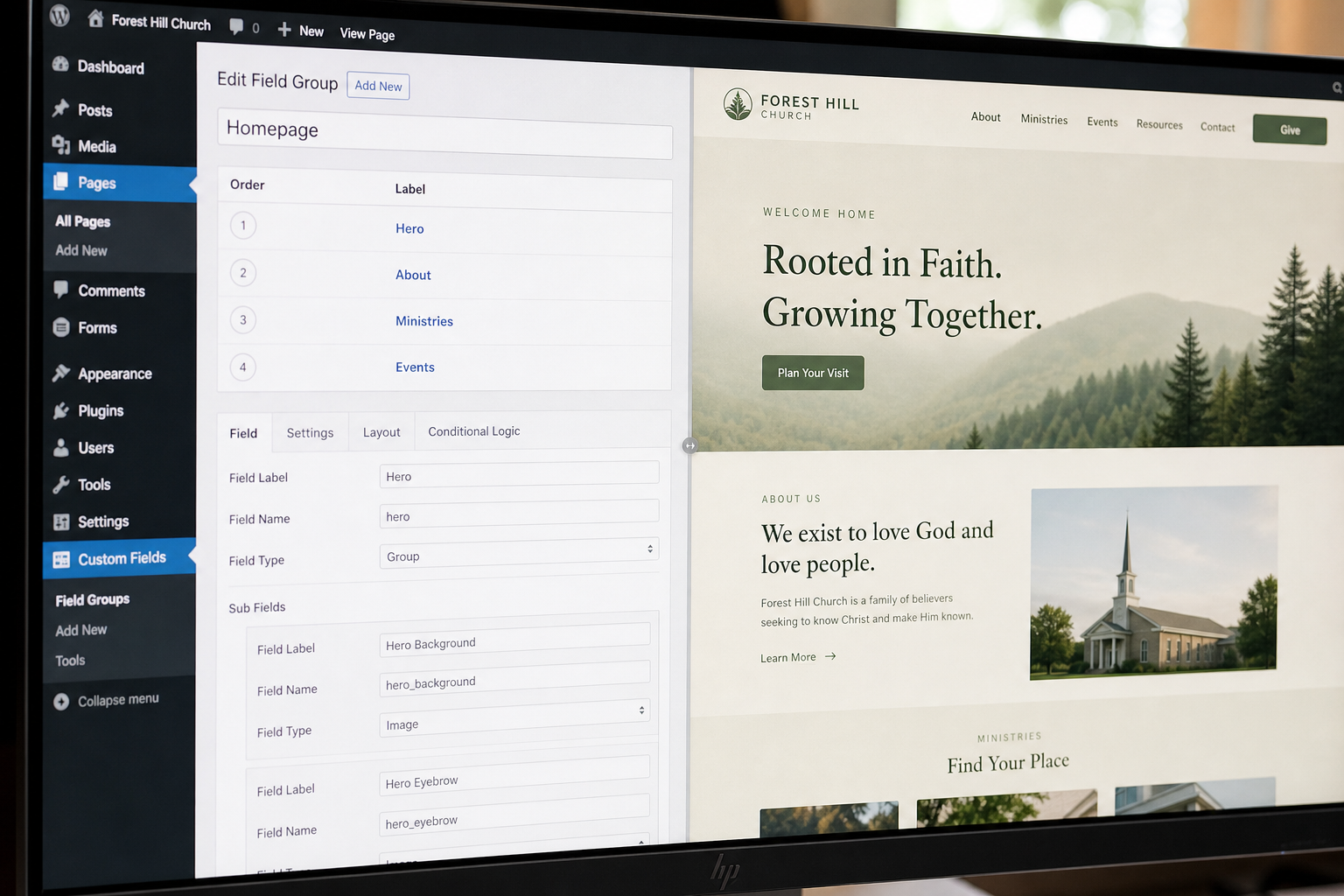ACF field groups mapping to a live WordPress page preview