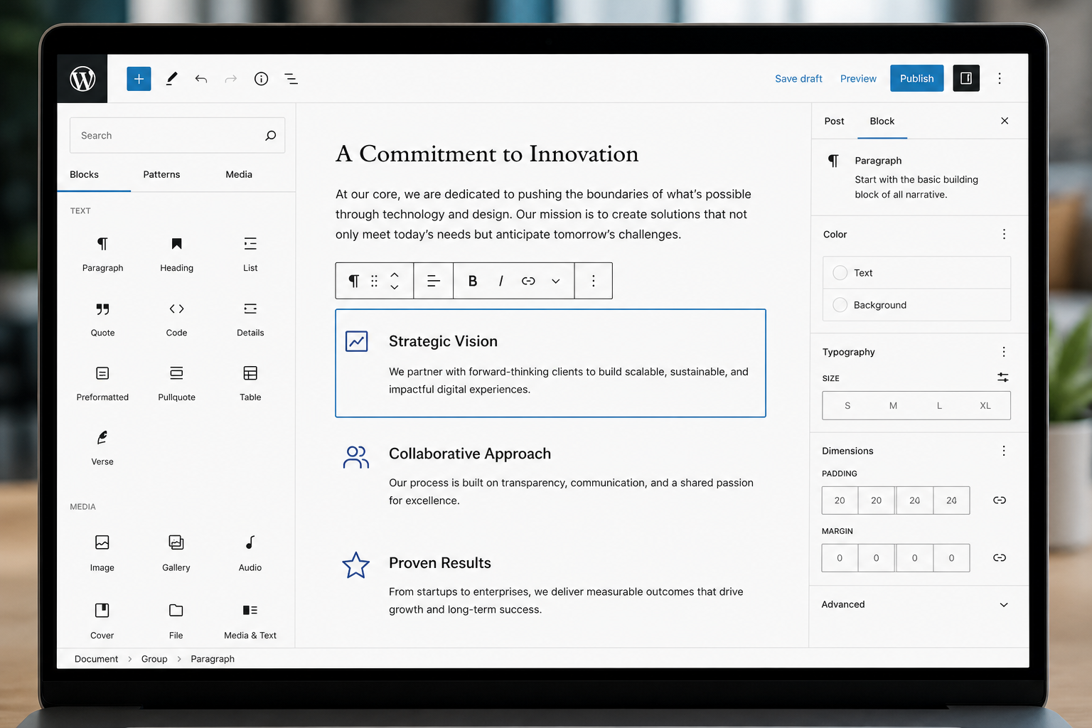 WordPress Gutenberg block editor with structured content blocks selected