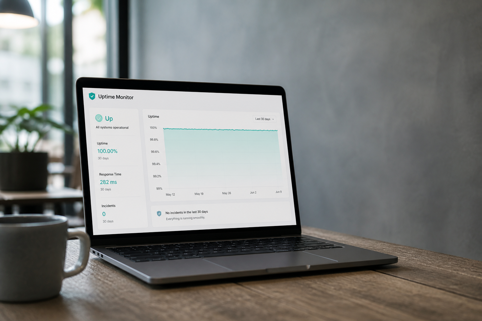 Laptop showing stable WordPress uptime monitoring graph for ongoing care