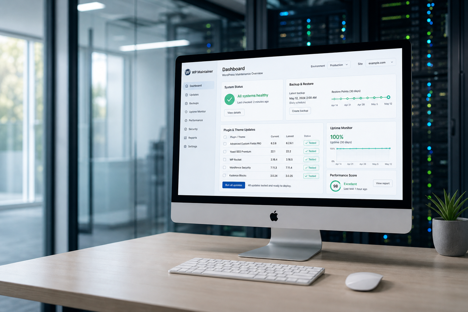 WordPress maintenance operations dashboard with backups and system health on an iMac
