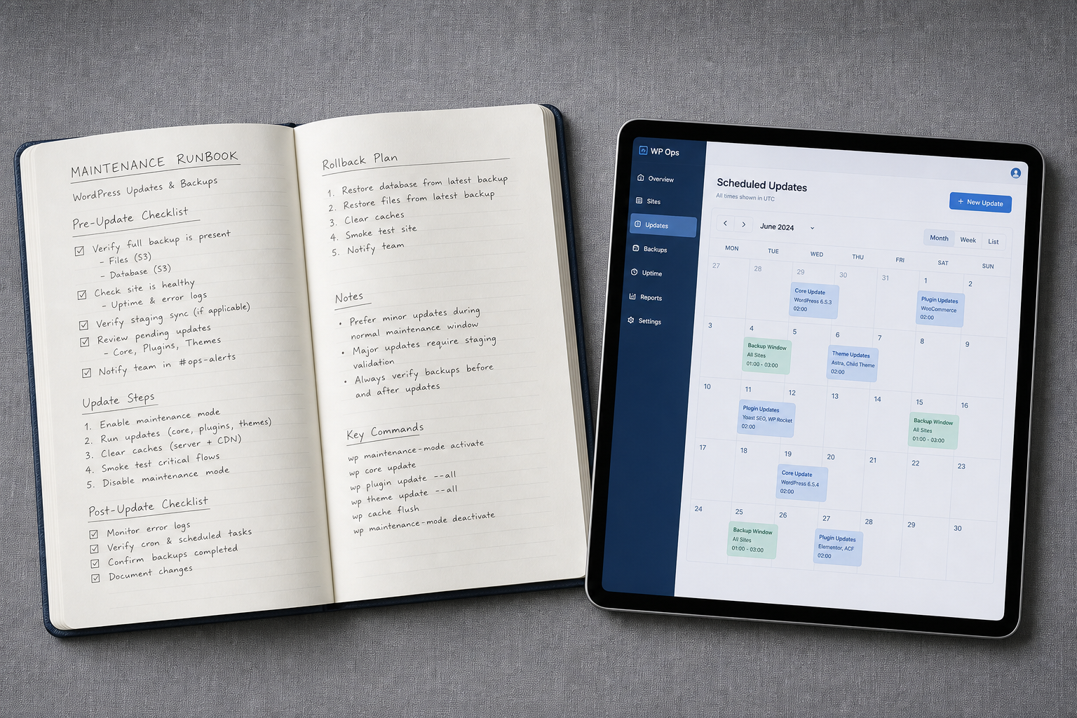 Tablet maintenance calendar with WordPress update and backup schedule