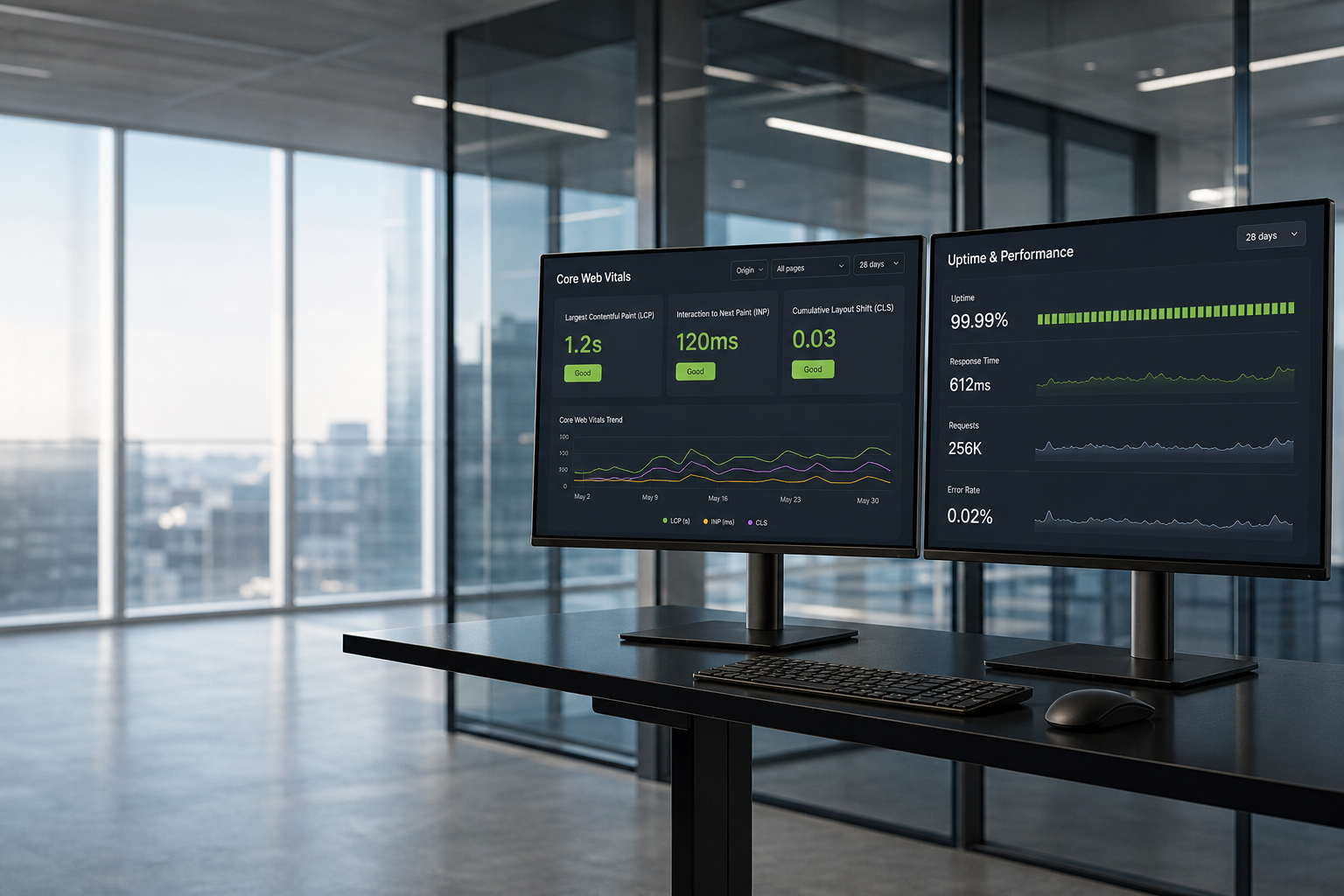 Dual monitors showing Core Web Vitals dashboard after WordPress speed optimization