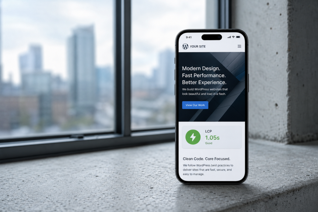 Mobile phone displaying a fast-loading WordPress page with strong Core Web Vitals